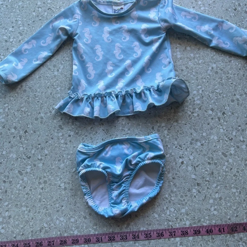 Vintage The Bailey Boys Novelty Print Seahorse Blue & White 2 pc. Swim 18Mo